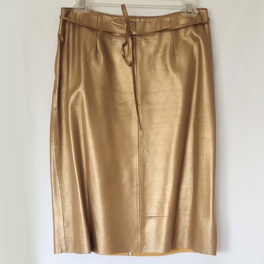 Margaret Godfrey Gold Leather Skirt Size 8 Front Tie Accent Raw Hem Lined EUC